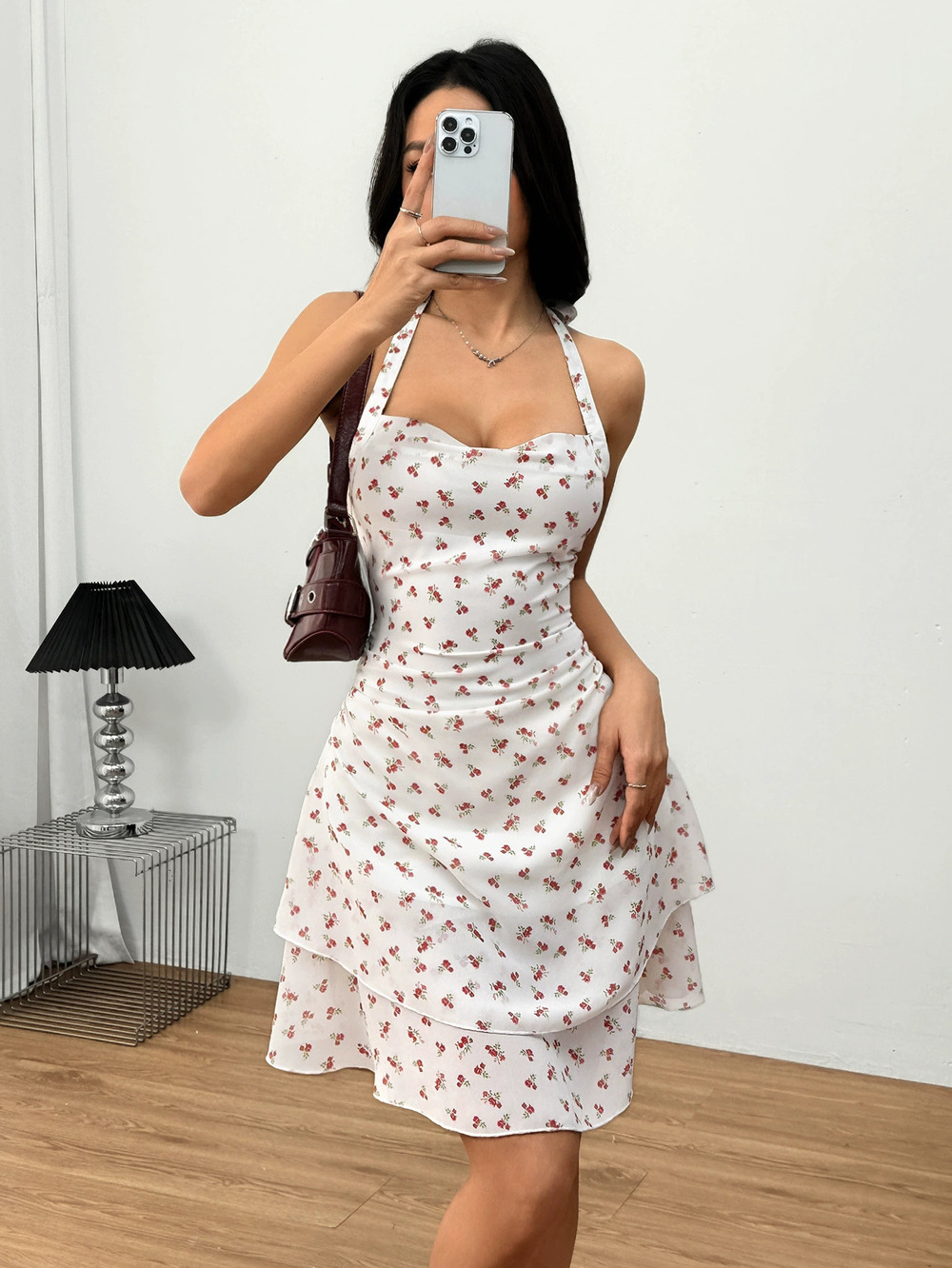 ZARA Sexy Halter Neck Floral Print Mini Dress with Ruffle Hem